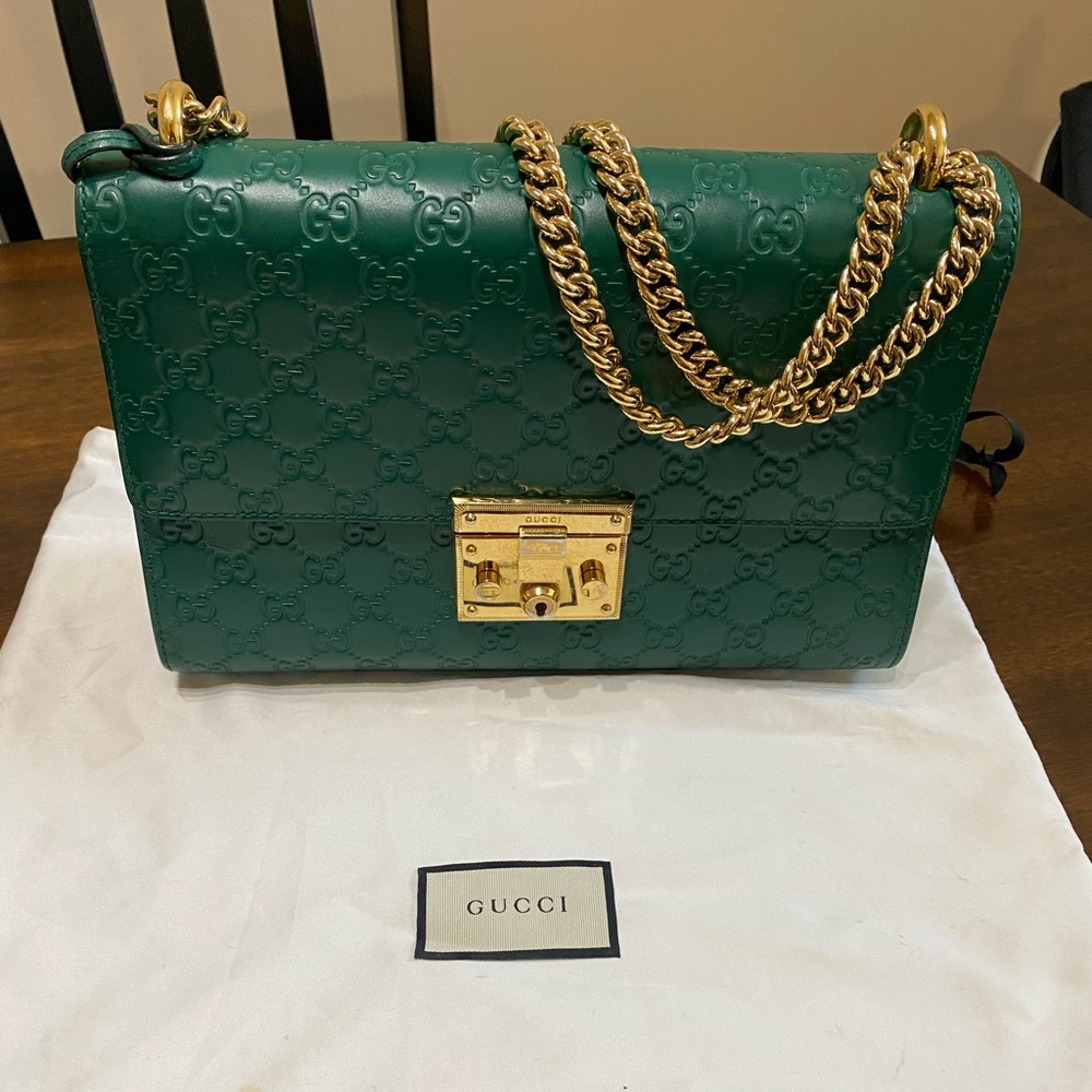 RARE Gucci green Guccissima leather large padlock bag